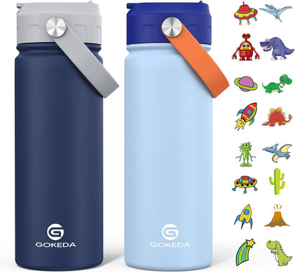 18oz Kids Water Bottle, 2 Pack Stainless Steel Straw Cup | DIY Stickers, BPA-Free, Stainless Steel, Keeps Cold 24h