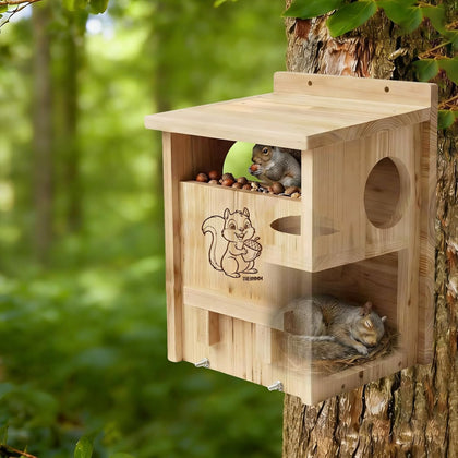 Squirrel House with Feeder, 2-in-1 Weatherproof Pine Wooden Squirrel Houses for Outside Nesting, Large Squirrel Boxes