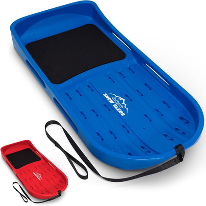 2 Person Premium Snow Sled - Choose Red or Blue - Double Walled Construction, Pull Strap and Padded Seat