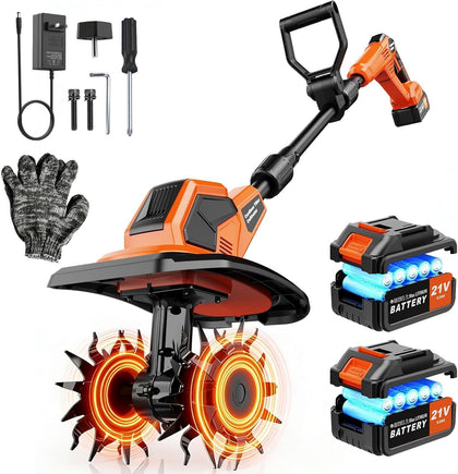 20V Cordlees Tiller Cultivator for Gardening, 400RPM Brushless Electric Garden Tiller Battery Powered((2*3.0Ah