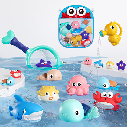 Bath Toy for Toddlers 6-12-18 Months, No-Hole Bathtub Toys with Baby Bath Animals, Wind-Up Turtles, Fishing Net &