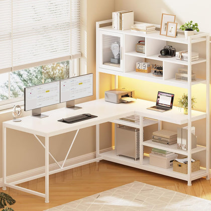 L Shaped Computer Desk, 58'' Office Desk with LED Light and Bookshelf, L Shaped Corner Desk with Storage Shelves for
