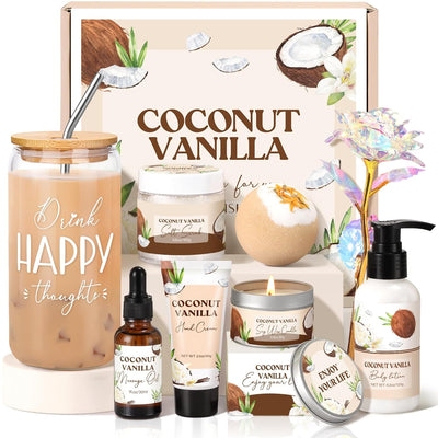 Spa Gift Baskets for Women, Vanilla Coconut Bath and Body Gifts Set for Women, Home Spa Self Care Gift, Relaxing Bath