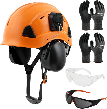 Arborist Helmet Kit, A4 Cut Gloves, Earmuffs & Safety Glasses | ANSI Z89.1 Vented Climbing Hard Hat for Gardeners