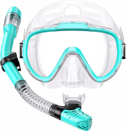 Snorkel Set Adults Snorkeling Gear Anti-Fog Panoramic View Swim Mask Dry Top Snorkel Kit with Carry Bag for