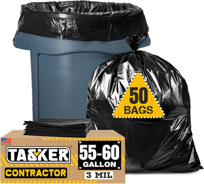 Contractor Garbage Bags 55 Gallon, 3 Mil Black Contractor Garbage Bag (50 Bags w/Ties) Large 55 Gallon Trash Bags