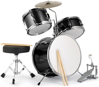 3-Piece Drum Set with Throne Stool for Beginners, Black | 14 Inch Poplar Junior Kids Drum Kit, Included Bass Drum