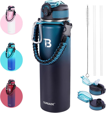 32oz Insulated Water Bottle with Straw Lid & Spout Lid & Paracord Handle, Stainless Steel Water Bottle Wide Mouth