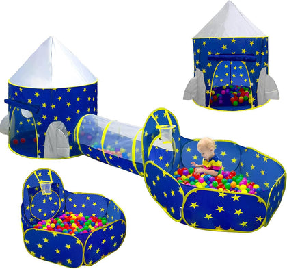 3pc Kids Play Tent for Boys with Ball Pit, Crawl Tunnel, Princess Tents for Toddlers, Baby Space World Playhouse