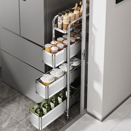 4-Tier Slim Storage Cart with 3 Slide-Out Drawers, 6.3" Sturdy Stainless Steel Rolling Utility Cart Organizer for