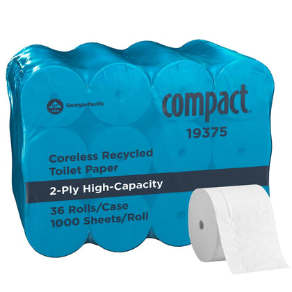Compact by Georgia-Pacific PRO Coreless 2-Ply Recycled Toilet Paper, White, 1000 Sheets Per Roll, 36 Toilet Tissue