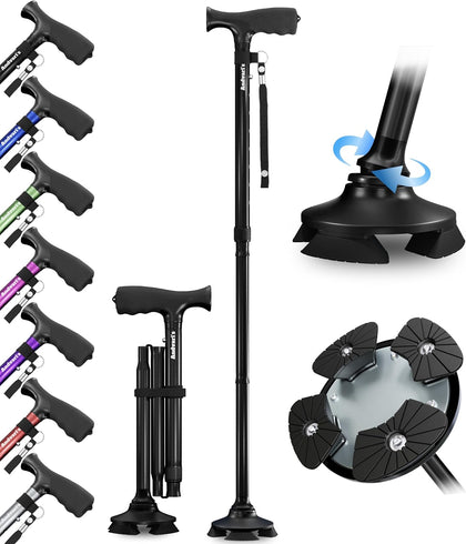 Walking Cane for Men & Women – Foldable, Adjustable, Self-Standing Cane with 360° Pivot Base, Comfortable Grip, Heavy