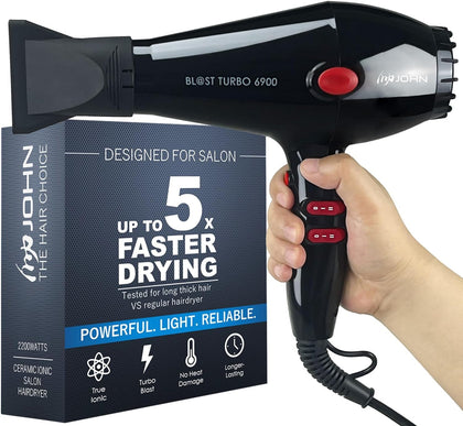 Hair Blow Dryer,Professional Salon Ionic 2200W,Blast Turbo 6900,Black | Salon Look Everyday | Fast Drying | More
