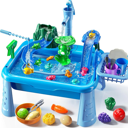 Water Table Play Sink Toy for Kids 2 3 4 5 6 Years Old - Outdoor Kitchen with Running Water, Fishing Games, Toddler