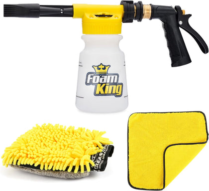 Foam King Car Wash Foam Gun & Microfiber Mitt, Foam Sprayer | Garden Hose Attachment, 6 Settings + Rinse Mode, Fits