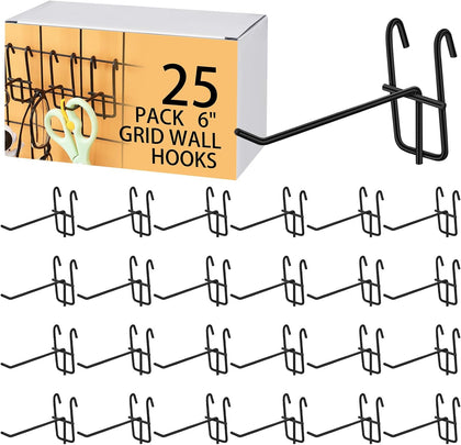 25 Pack Grid Wall Hooks, 6 Inch Black Gridwall Hanger | Metal Build for Retail Craft Displays, Fits Gridwall Panels