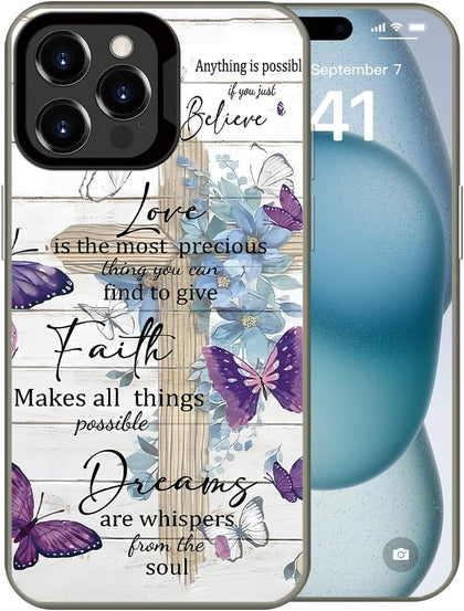 Cute Butterfly Flower Cross Wood Grain Case for iPhone 13 Pro Max | Creative Designs for Women Girls Shockproof