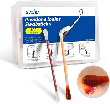 Povidone Iodine Swabsticks, 100 Count, Individually Wrapped with Snap-Release Solution, Skin Prep Swabs for First Aid