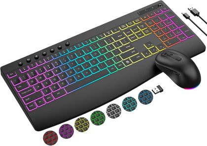 Wireless Keyboard and Mouse Combo, 9 Backlit Effects, 4000mAh Rechargeable Backlit Keyboard with Wrist Rest, 6 Button