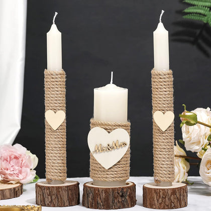 3 Pcs Rustic Unity Candles for Wedding Ceremony Set Mr and Mrs Burlap 1(5.9'') Pillar 2(9.8'') Taper Candles for