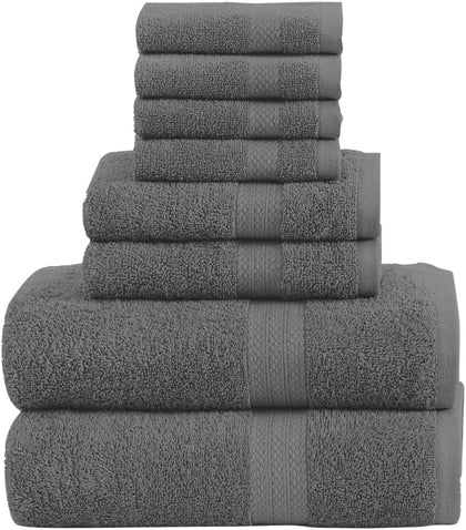 Pack of 8 Towels Set, 2 Large Bath Towels, 2 Hand Towels, 4 Wash Cloths, 100% Cotton, Lighter Weight, Quicker to Dry