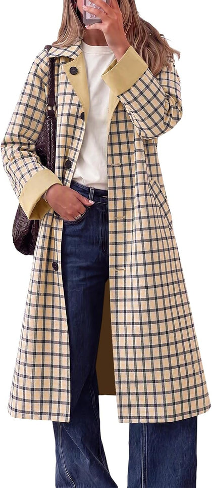 Womens Long Trench Coat Plaid Reversible Windproof Overcoat
