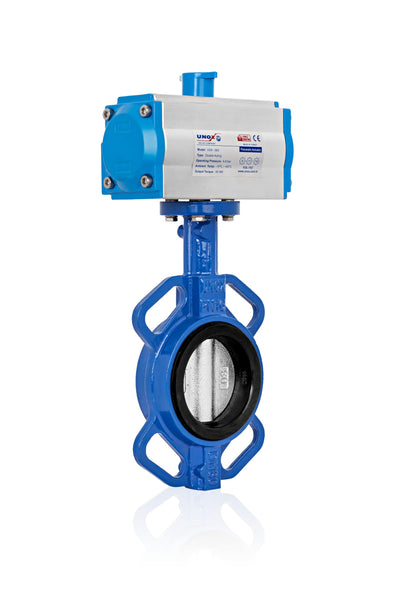 UNOX 5" Double Acting Pneumatic Actuated Butterfly Valve Wafer Type, SS304 Stainless Steel Disc, EPDM Seat, 230 PSI