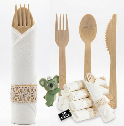 Pre Rolled Napkin and Bamboo Cutlery Set - 30 Pack Bamboo Utensils Wooden Cutlery 30 Forks 30 Knives 30 Spoons 30