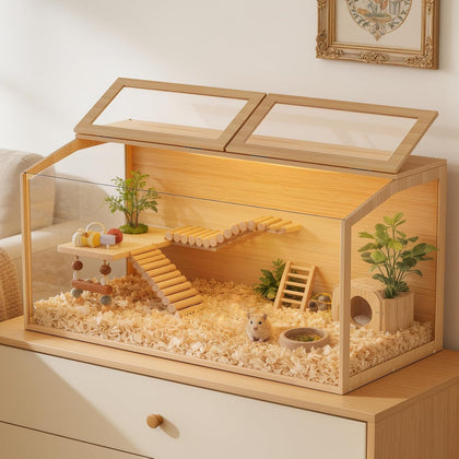 Hamster Cage: 40Inch Wooden Small Animal Cage with Warm Light