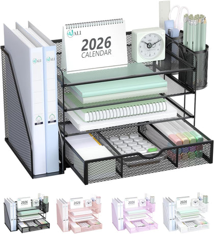 Desk File Organizer, 4 Tier Desktop Paper Letter Tray Organizer with Drawer and 2 Pen Holders, Office Desk