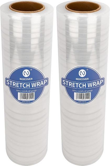 18 Inch Stretch Wrap - 1200 Feet | 60 Gauge, 2 Roll Clear Plastic Self-adhering Stretch Wrap Film for Pallet Wrap