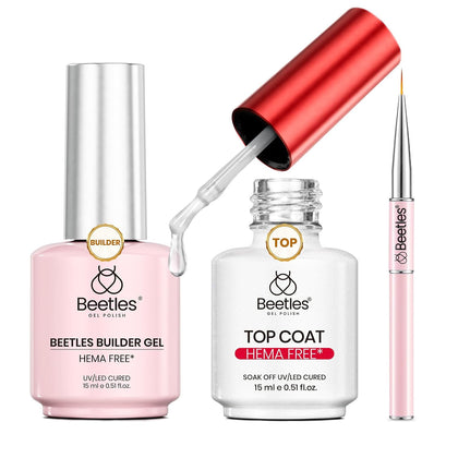 Beetles HEMA-Free Gel Top Coat & Builder Gel with Nail Bursh 2Pcs 15ml | Low Heat Hypoallergenic Clear 8 in 1 Builder