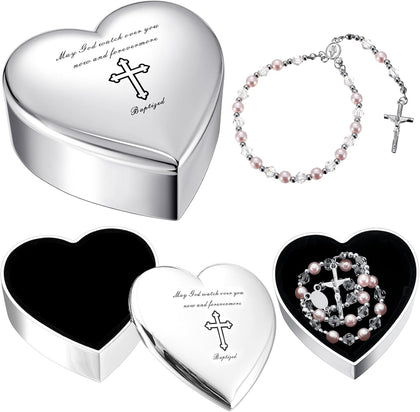 2 Pcs Heart Jewelry Keepsake Box and Pink Baby Rosary Baptism Gift, Silver Toned Jewelry Box with Engraved Cross Baby