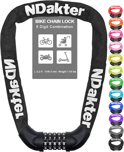 Bike Lock, 5 Digit Combination Heavy Duty Anti Theft Bicycle Chain Lock, 2.62/3.2/4.27/5/6Ft Long, High Security