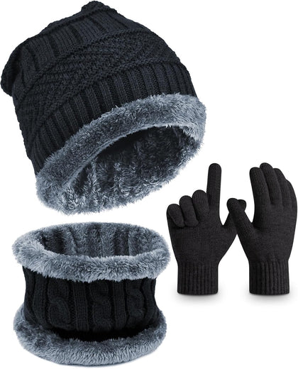 Kids Winter Hat Gloves Scarf Set, Knitted Toddler Beanie Cap, Mitten Gloves, and Neck Warmer for Boys Girls Aged 5-12