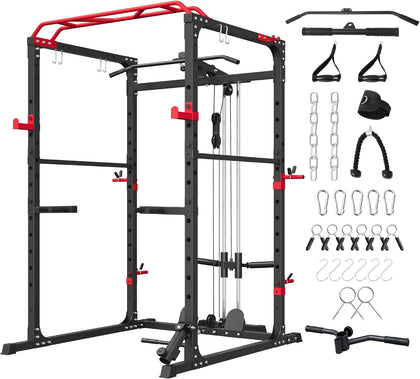 Power Rack, Multi-Function Squat Rack with LAT Pull Down, Power Cage with Pulley System, Strength Training Home Gym