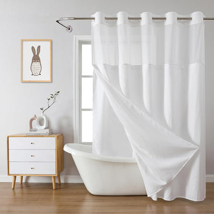 No Hook Waffle Shower Curtain with Snap-in Liner, 71x74 Inch, White | 230 GSM waffle weave fabric, waterproof liner