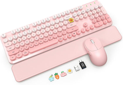 Wireless Keyboard and Mouse Combo, Magnetic Soft-Touch Wrist Rest, Pink | Round Keycaps, Full-Size Typewriter Style