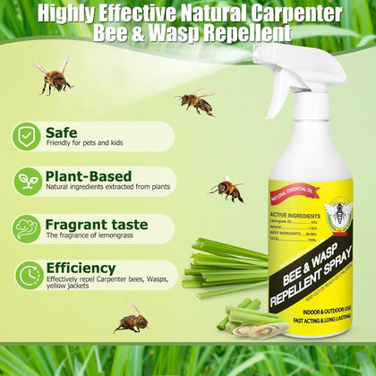 16Oz Wasp & Bee Repellent Spray for Outdoor, Yellow Jacket Killer | Natural Plant-Based Essential Oils for Patio