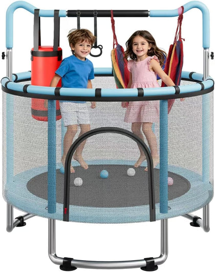 55/60" Trampoline for Kids, 4.5/5 FT Toddler Trampoline with Enclosur Net, Basketball Hoop & Sandbag, 440 LBS