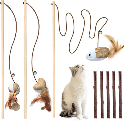 3-Piece Natural Wooden Cat Teaser Wand Toy Kit with 5 Silvervine Sticks and Elastic String Cat Pole Toy with Bell and