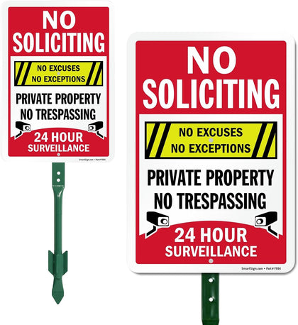 10" x 7" No Soliciting No Excuses - Private Property, No Trespassing, 24 Hour Surveillance Yard Sign | 21” Tall Stake