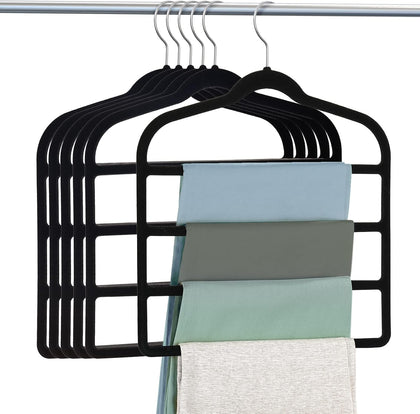 Velvet Hangers Space Saving Non Slip Pant Velvet Hangers Multi Layer Hanger | 6 Pack Black Clothes Hangers Closet