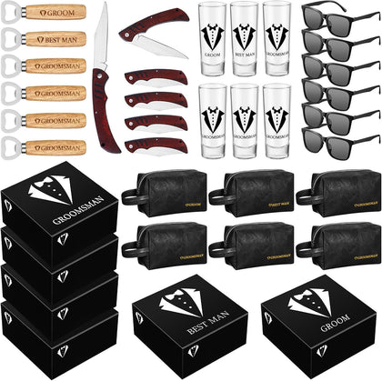 36 Pieces Groomsmen Gifts Set of 6, Groomsmen Proposal Box with Shot Glasses Sunglasses PU Leather Toiletry Bag Wood