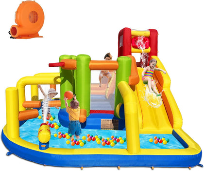 9-in-1 Inflatable Obstacle Bounce House with Water Slide | Kids Bounce House Water Park with Surprise Dump
