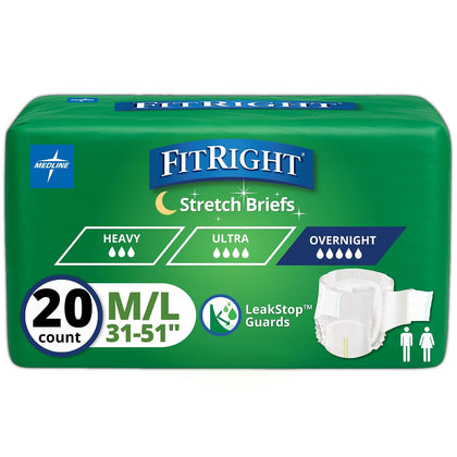 FitRight Extended Wear Stretch Briefs, Overnight Adult Diapers with Tabs, Size 1 (Bag of 20)