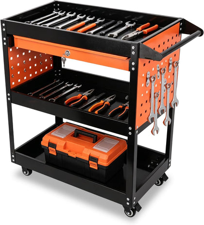 3-Tier Tool Cart with Wheels, 420 lbs Load Capacity Tool Storage Cart, Heavy Duty Metal Rolling with Drawers and