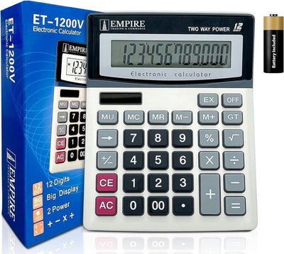 Empire Desk Calculator with Large Key Buttons, 12-Digit Large Eye-Angled Display, Solar & Battery Powered - Basic