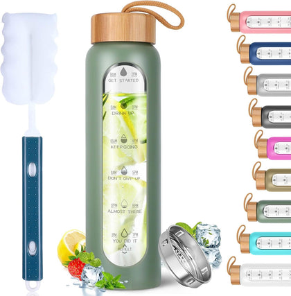 Glass Water Bottles 25 Oz with Silicone Sleeve - BPA Free Reusable Wide Mouth Glass Motivational Water Bottles with