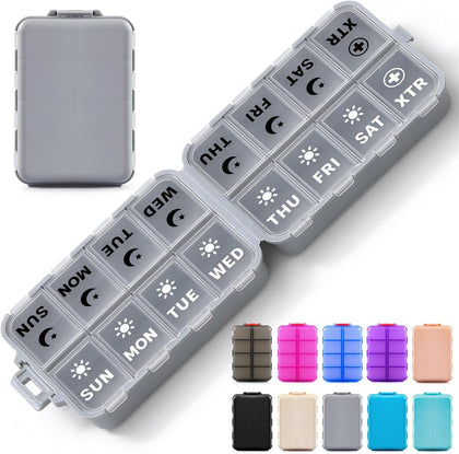 Foldable Weekly Pill Organizer 2 Times a Day with 2 Extra Compartments (Clear Printed Labels) - Portable 7 Day AM PM